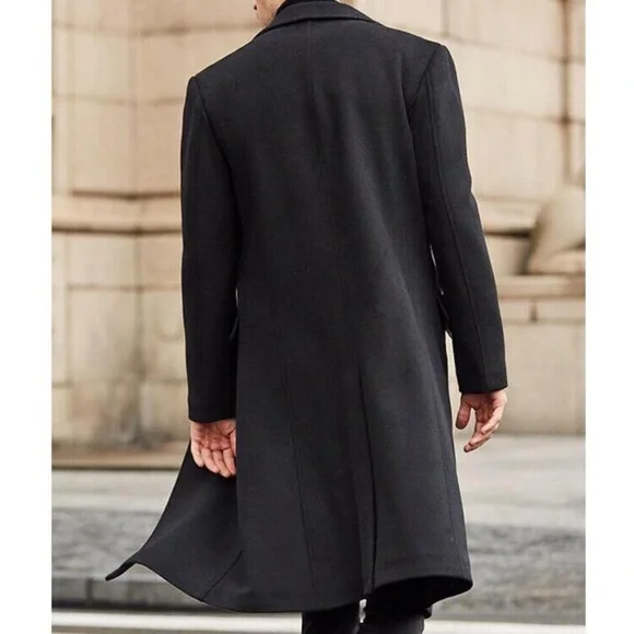 Men's Black Slim Fit Notched Collar Long Casual Trench Coat with Pocket
